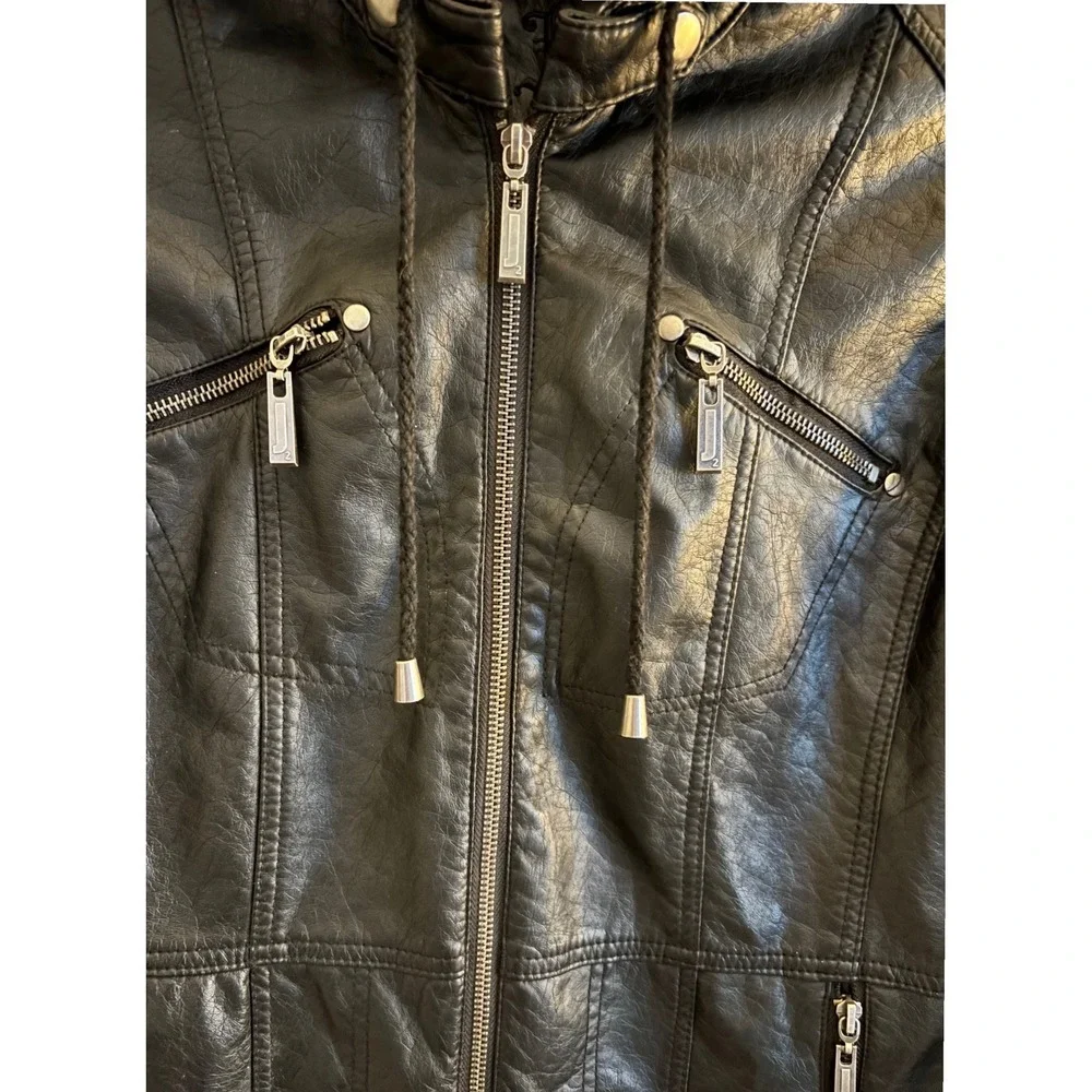 J2 Womens Large Black Faux Leather Mixed Media Hooded Jacket Knit Sleeves‎